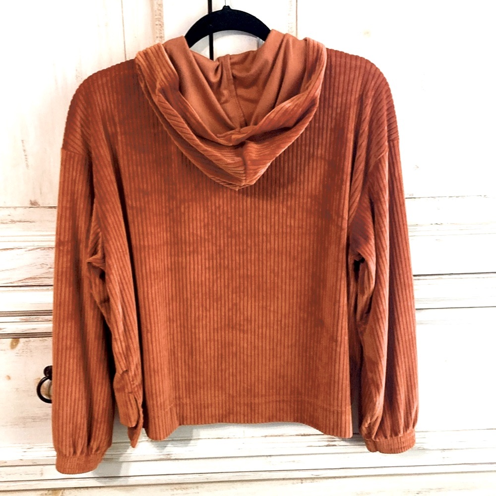 Crave Fame Cozy Ribbed Velvet Hoodie Rust Size Medium - Picture 6 of 6
